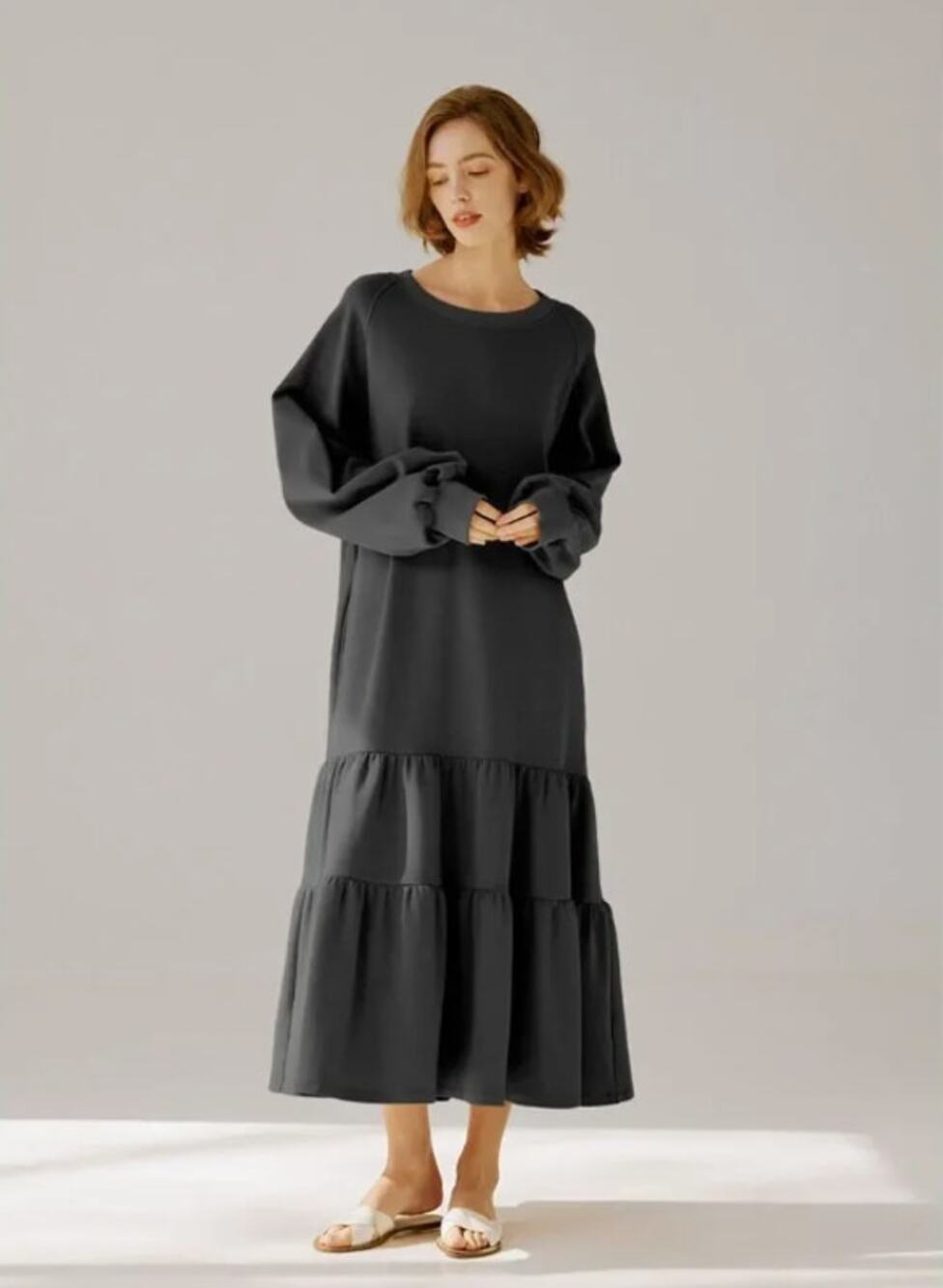 NAP Loungewear Oversized Cotton Tiered Maxi Dress Black Sz XL NWT $228 {257}